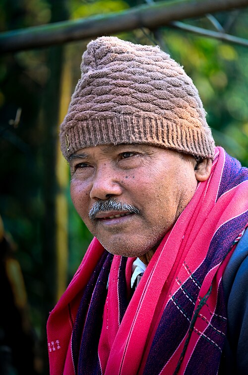 Portrait of Jadav Payeng wearing a knitted cap and a red and white gamosa scarf